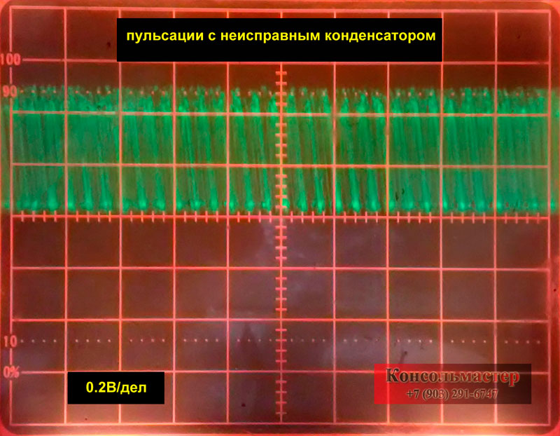 XBOX360S (E) пульсации напряжения питания оперативной памяти (RAM) при неисправном конденсаторе C7F2_mid